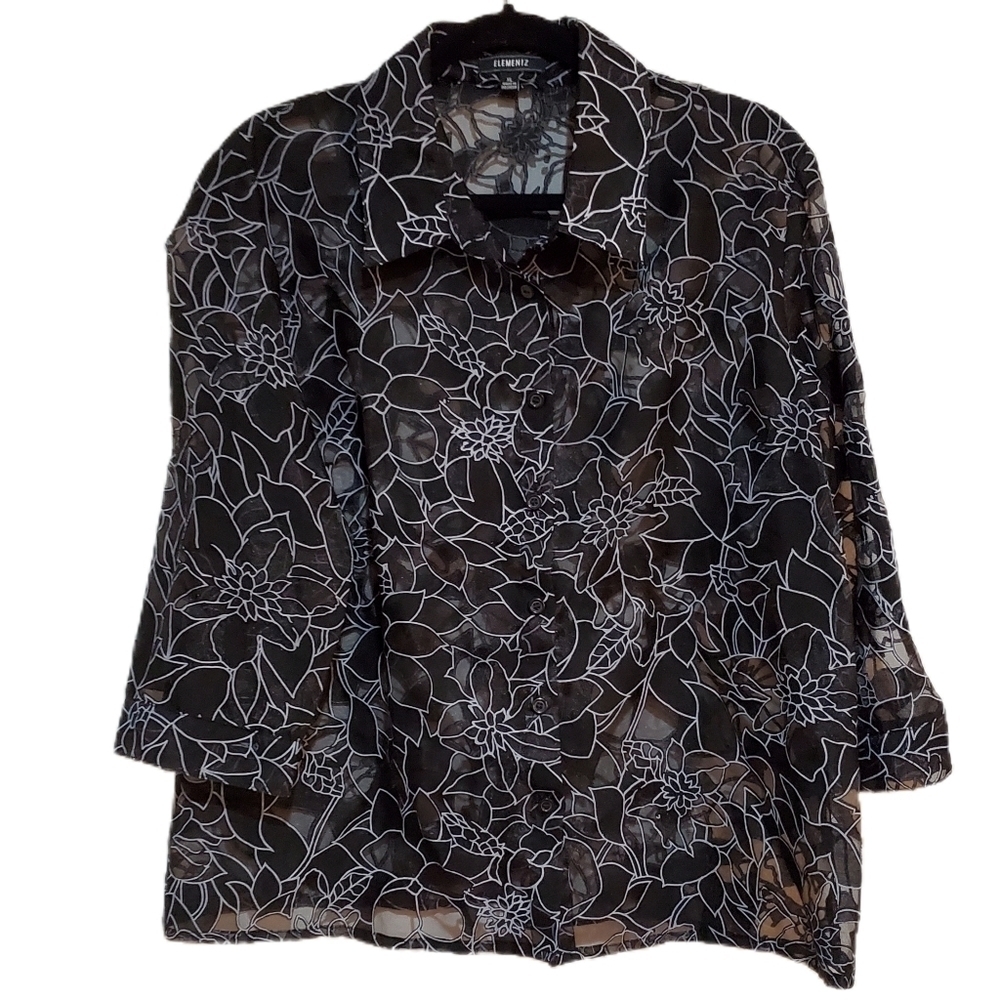 Elementz Large Floral Print Semi Sheer Button Down Blouse 3/4 Sleeve Size XL